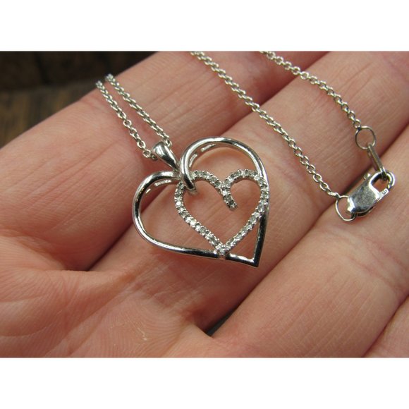 18" Sterling Silver Diamond Chip Heart In Heart Necklace Vintage Minimalist - Picture 3 of 7